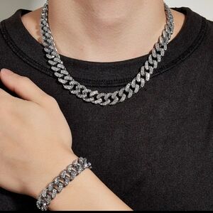 🎀SALE 🎀NEW Luxury Rhinestones Diamond Cuban Necklace+Bracelet Fashion Gift Set